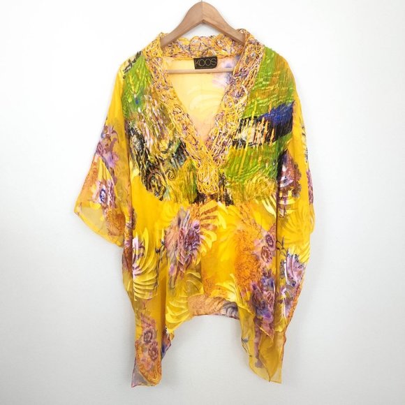 Vintage Koos Van Den Akker Yellow Floral Silk Caftan Poncho One Size - Picture 1 of 9